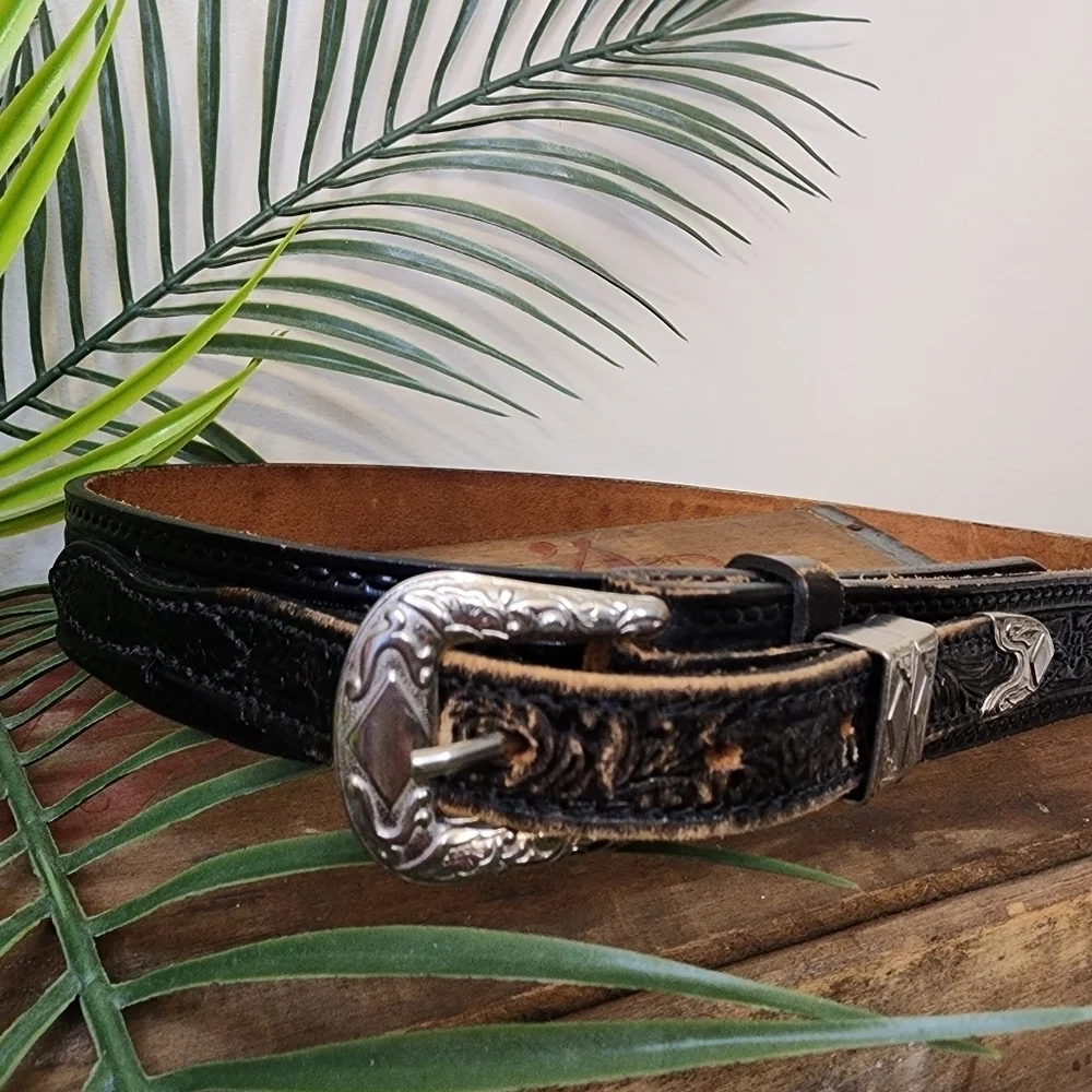 Vintage TexTan Tooled Leather Belt Cowhide Sz.40 (Lg.) Floral Harness